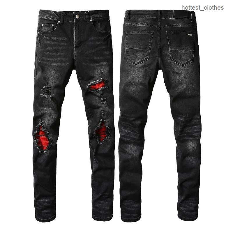 Fashion Brand Am Design Mens Jeans Pencil Pants Amr Black Red Trousers Streetwear Zipper Pocket Striped Patch Hole Jean for Men Stretch Slim Feet Hb