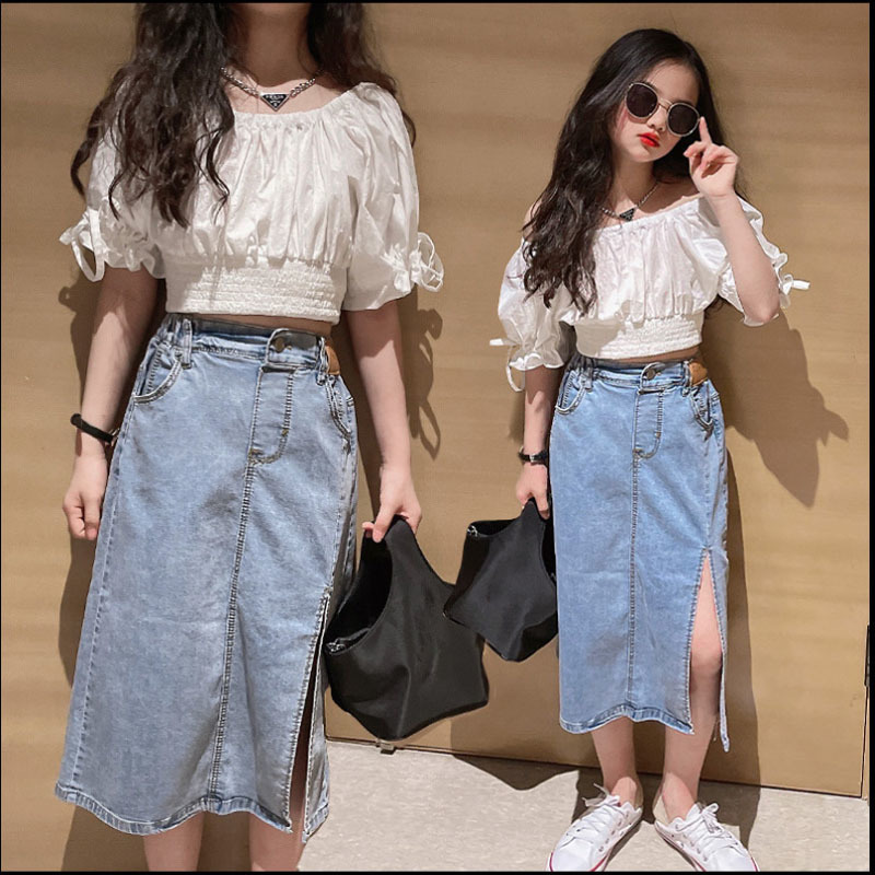 Ensembles de vêtements 2023 été filles ensemble à la mode grands enfants hors épaule poupée chemise fendue Denim jupe 413Y 230519
