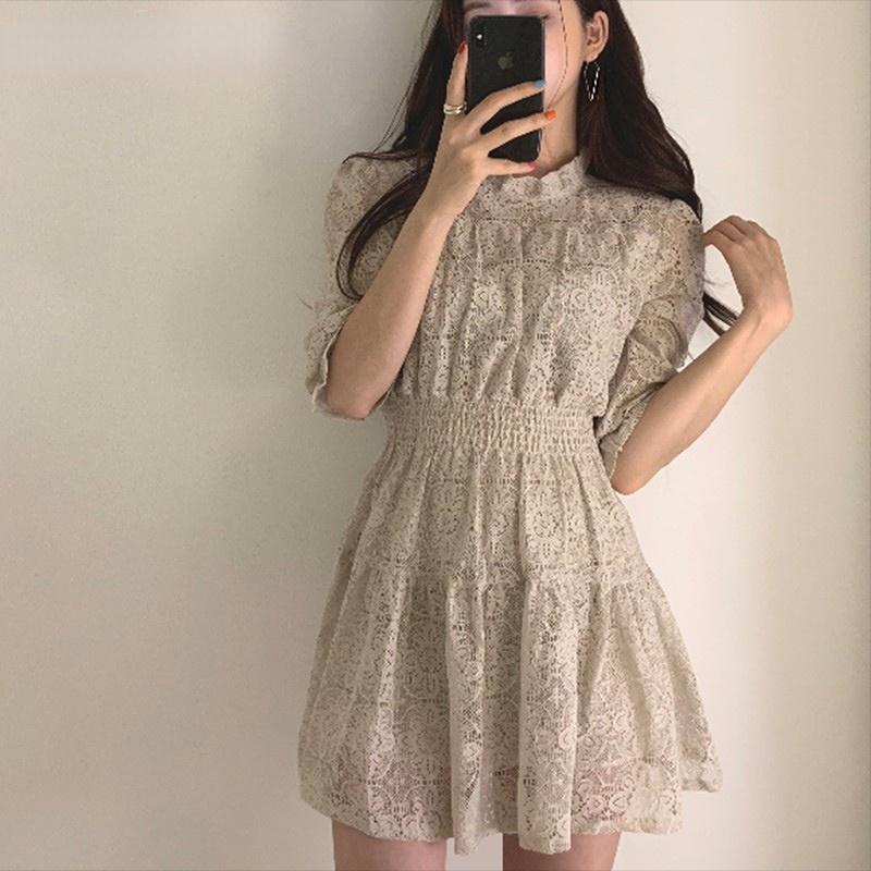 

Dresses 2022 Chic Korea Clothes Design Fashion Women Flare Sleeve Slim Elastic Waist Ruffled Floral Printed Chiffon Cute Sweet Dress New, Apricot