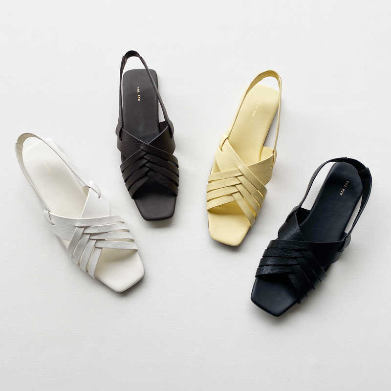 

The * Row Meera Genuine Leather Knitted Sandals Women's French Square Open Toe Flat Roman Shoes, White5