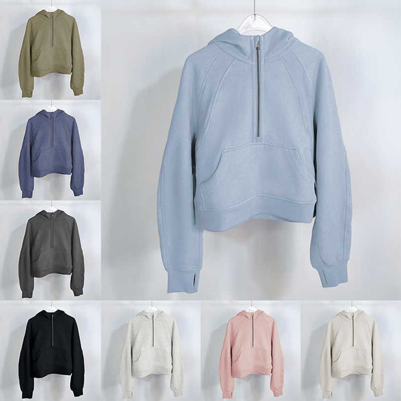 

yoga hoodie Autumn and winter Scuba lululemens womens Plus Velvet Thickening jackets hoodys sports half zipper terry designer sweater chothing loose short clothes, 26