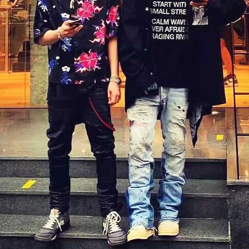 

Fashion Designer Clothing Galleries Denim Pants American High Street Galleryes Depts with Deconstructed Speckled Ink Micro Horn Perforated Jeans Mens Trendy Begg, Wash water blue