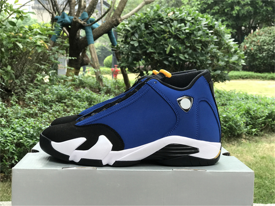 

Authentic 14 Laney 14S Varsity Royal Black Maize White Men Outdoor Shoes With Original box 487471-407