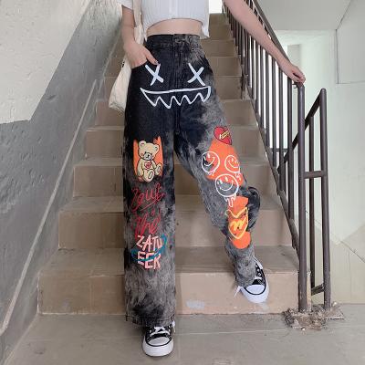 

Jeans New ladies casual jeans autumn new Korean street graffiti high street hip hop loose old wideleg long pants, Gray