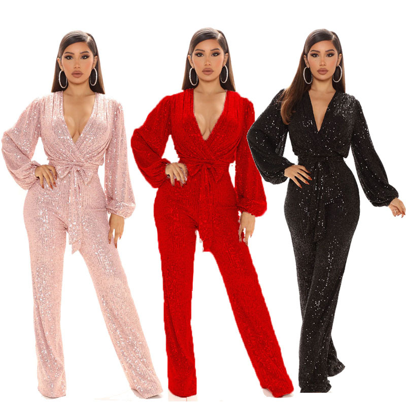 

Women' Jumpsuits & Rompers European and American women' new Amazon explosive fashion sexy V-neck sequin one-piece wide leg one-piece pants spot, Black