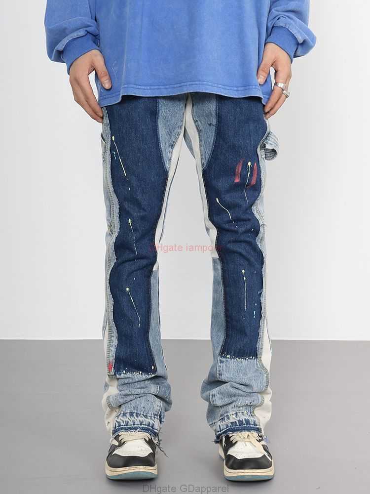 

Fashion Designer Clothing Galleries Denim Pants Galleryes Depts Same Pant with Ink Splashing Color Contrast Structure Flared Pants Fog Floor Down Straight Jeans 30, Contrast stitching blue
