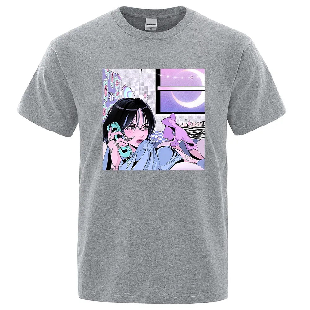 

Cute Girl On The Phone Art Illustration Tshirts Man Casual Breathable Graphic Loose Summer T-Shirt Loose Cotton, Default
