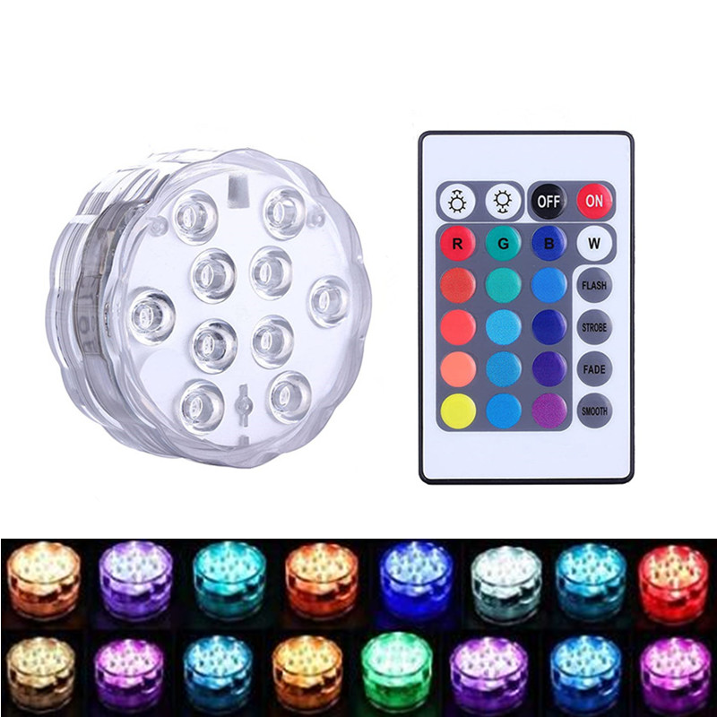 

IP68 Waterproof Submersible LED Lights Built in 10 LED Beads With 24 Keys Remote Control 16 Color Changing Underwater Night Lamp Tea Light Vase Party Wedding