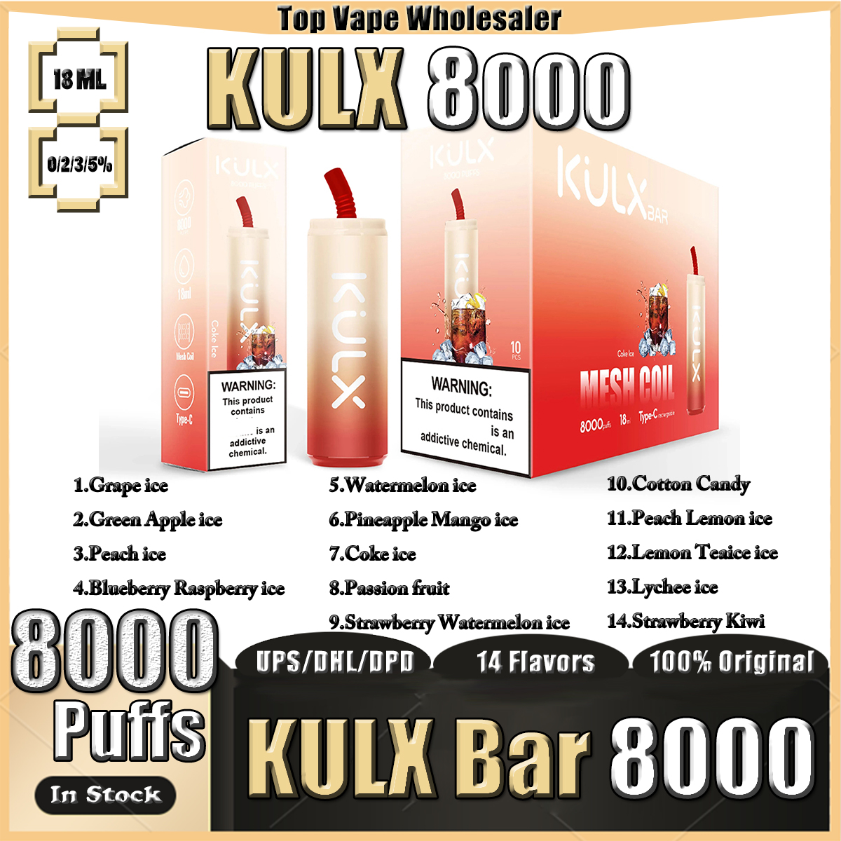 

Original KULX BAR 8000 Puffs 0/2/3/5% Disposable Vape Pen E Cigarettes With 850mAh Rechargeable Battery 18ML Capacity Mesh Coil Coke jar Shapes Cup Vapes VS Crystal Bars