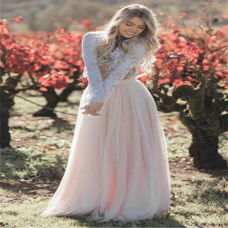 Mode Deux Pièces Boho Robe De Mariée Top Dentelle À Manches Longues Bohemain Plage Robes De Mariée 2023 Rose Rustique Pays Civil Robe De Mariée V