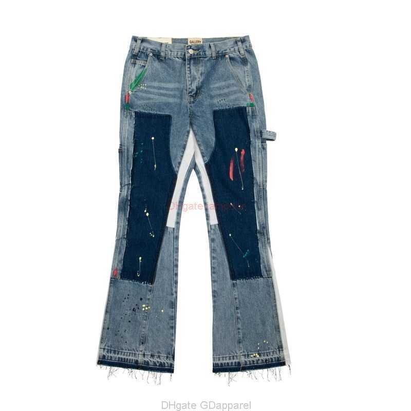 

Fashion Designer Clothing Galleries Denim Pants Galleryes Depts Heavy Industry Speckled Graffiti Micro Horn Structure Spliced Loose Contrast Jeans for Men Women, Blue