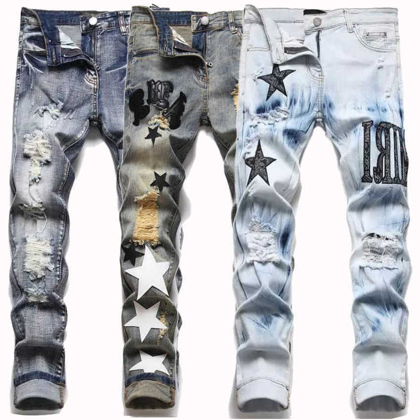 

Designer Hiking Mens Jeans Pant Ripped Hip hop High Street Brand Pantalones Vaqueros Para Hombre Motorcycle Embroidery Close fitting Slim Pencil Pants, 01