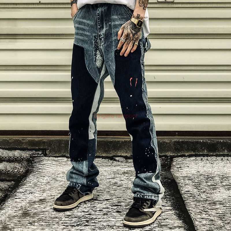 

Fashion Designer Clothing Galleries Denim Pants High Street Galleryes Depts Hand Painted Splash Stitched Washed Jeans Pants Men's Fashion Horn Casual Pants, As shown in figure