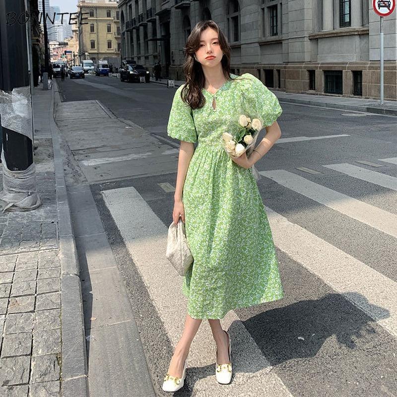 

Dresses Dress Women Sweet Floral Sundress Summer Puff Sleeve Vintage Temperament Slim Aline Fairy Fashion Embroidered Flares Retros Ins, Green