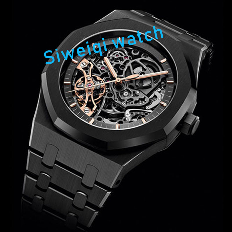 

Mens watch Black Skeleton men automatic mechanical watch men watches diver Sport steel strap movement wristwatch montre de luxe