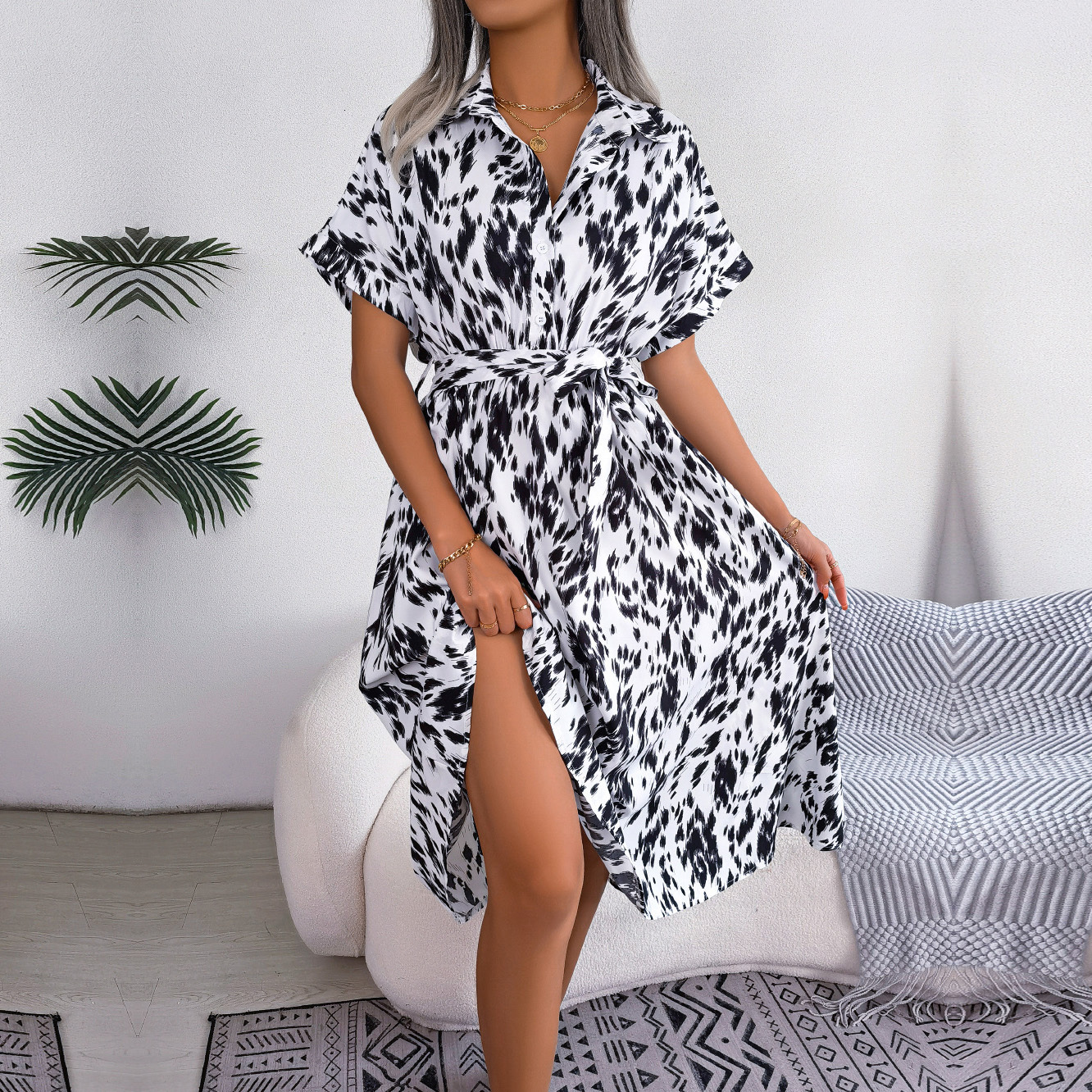 Basic Casual Dresses F Women Summer Casual Loose Leopard Lace Up Shirt Dress For Ladies Fashion All Match Chic Dresses 230519