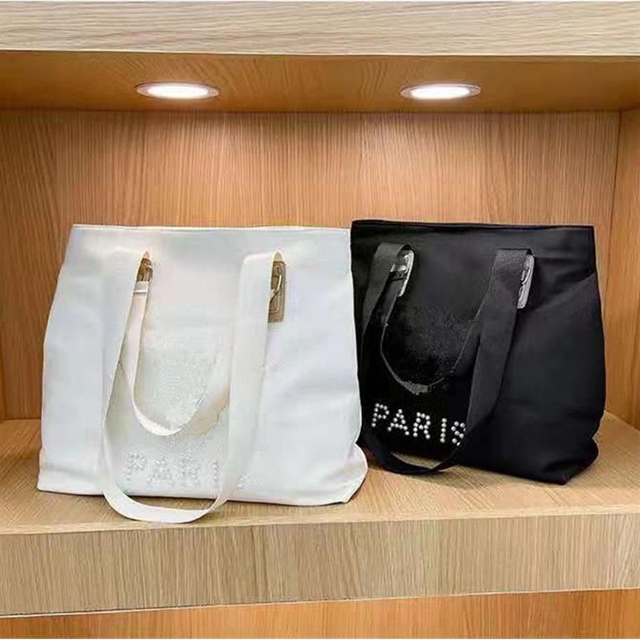 

Manmade Pearl Letter Handbags Women Girls Canvas One Shoulder Bags Book Tote Fashion Designer Shopping Storage Bag Large Capacity 243g, White
