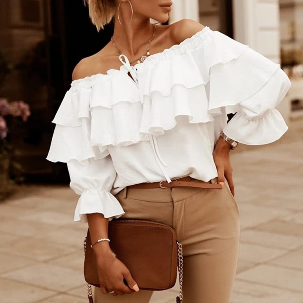 Femmes Blouses Chemises Femmes Élégantes Blouse Off Épaule Cordon Col Couches À Volants Lanterne À Manches Longues Bureau Dame Pull Top Femme Vêt
