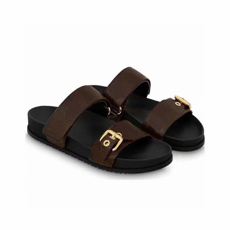 

2023 New couple style slippers casual sandals classic old Flower Upper casual Fashion Versatile genuine Leather slippers men's shoes 38-45 women's 35-42 With Box, Brown
