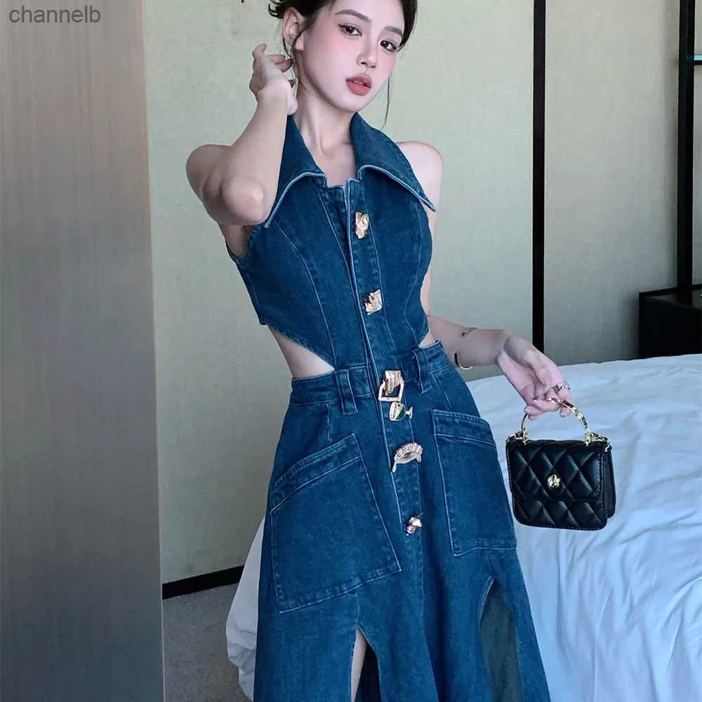 Casual Dresses Retro Denim Dress Women's 2023 Summer New Shirt Collar Hollow Split Waist Long Frock Sleeveless One-piece Sexy Denim Dress Tr-image-867302605