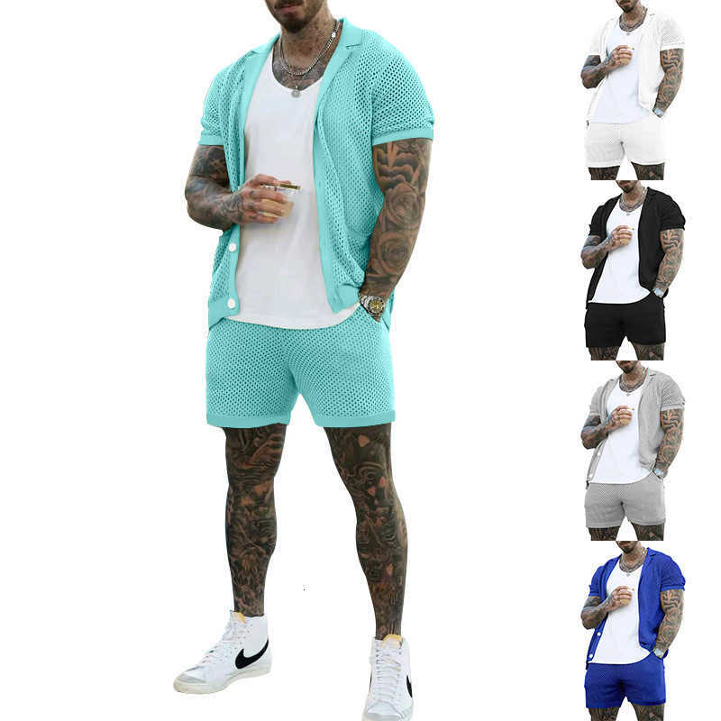 

2023 Mesh Two-piece Set Perspective Cool Knit Turtleneck Cardigan Short Sleeve Men's Suit, Black