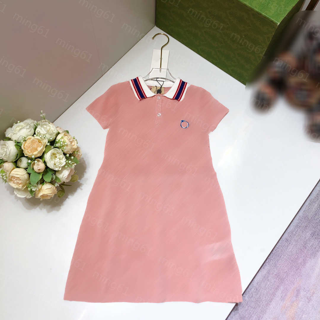 23ss kids designer clothes Girl dresses girls dress Striped lapels match colors logo Embroidery hollowing Waist tuck knitting Short sleeve Polo d-image-867248221