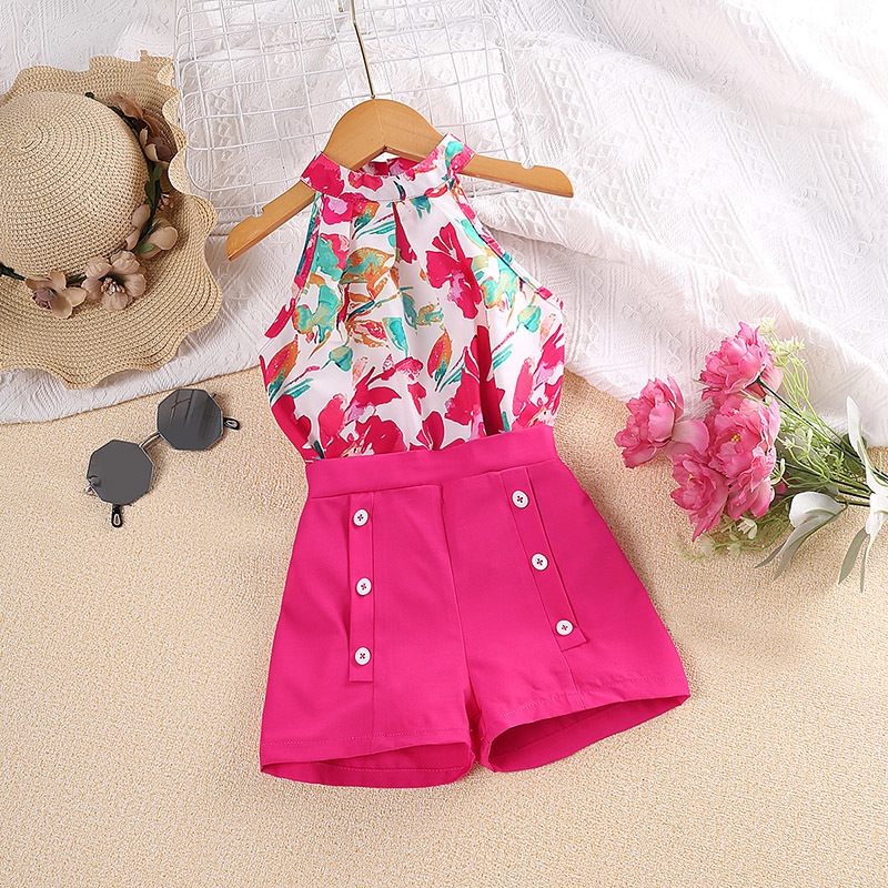 Ensembles de vêtements 2023 filles costume d'été suspendu cou sans manches haut imprimé et bouton de couleur unie décoré Shorts polyester cool mi