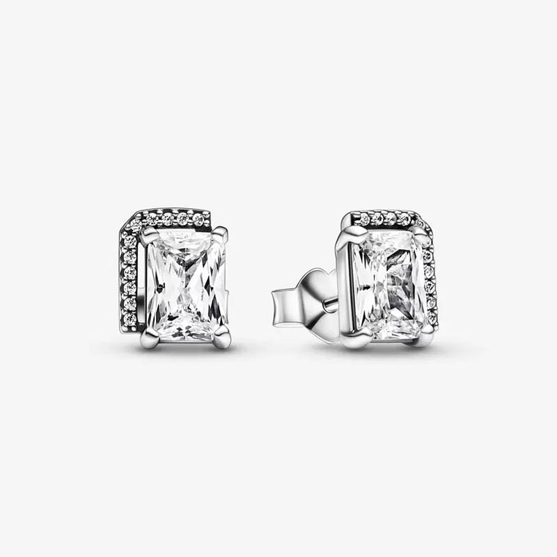 Rectangular Sparkling Halo Stud Earrings Authentic 925 Sterling Silver designer Earrings Women Wedding Jewelry Crystal earrings with Luxurious Retai