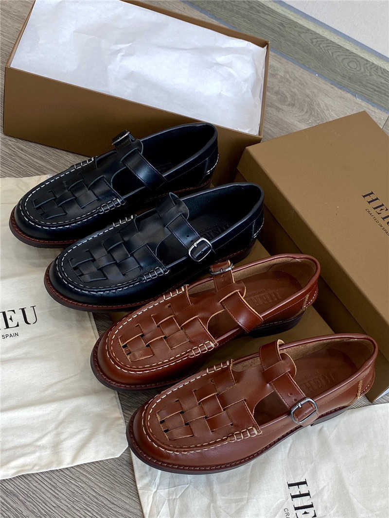 

Niche hereu loafers women's British French woven hollowed out leather shoes with T-shaped straps and Mary Jane low heels, Brown
