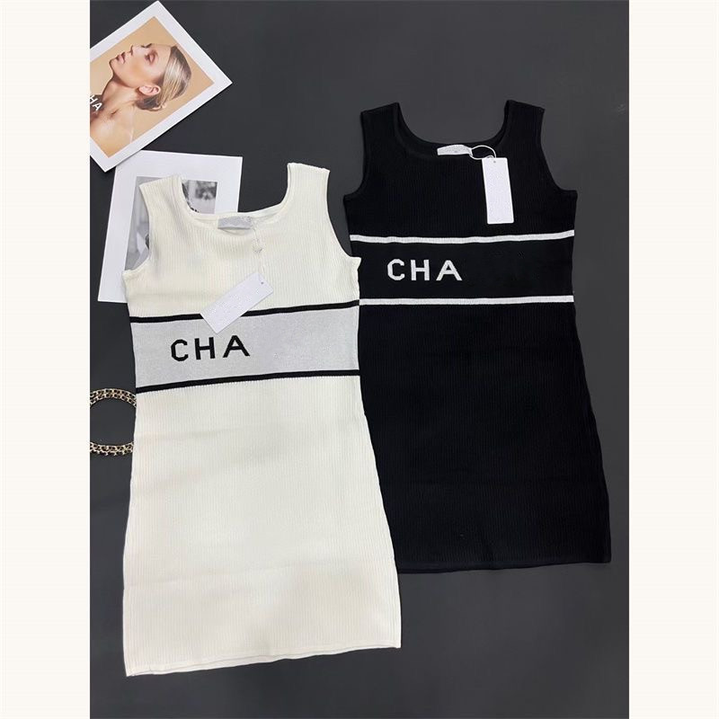 

Women Casual Dresses Classic Knit Dress Fashion Letter Pattern Summer Short Sleeve High Quality Womens Clothing, Black
