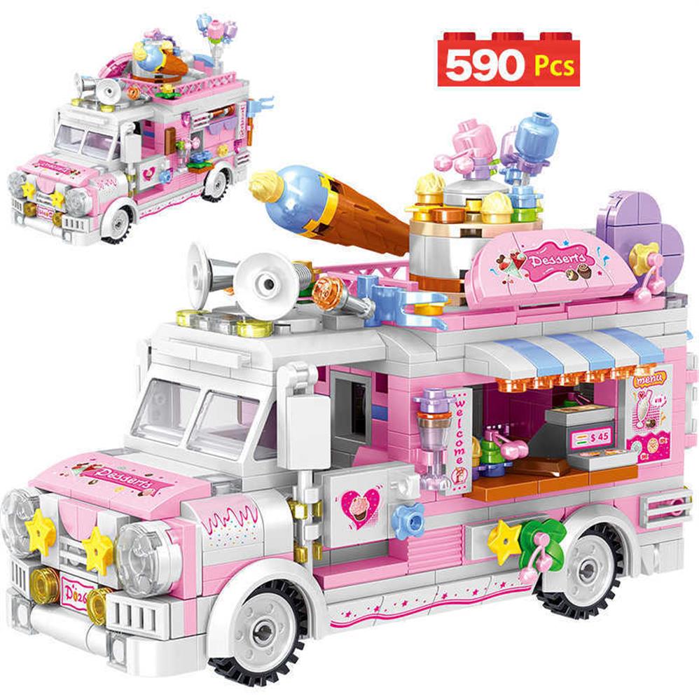 

City Street View Ice Cream Car Food Shop Mini Building Blocks Camping Vehicle Friends Bricks DIY Toys for Children Girls 210929251g