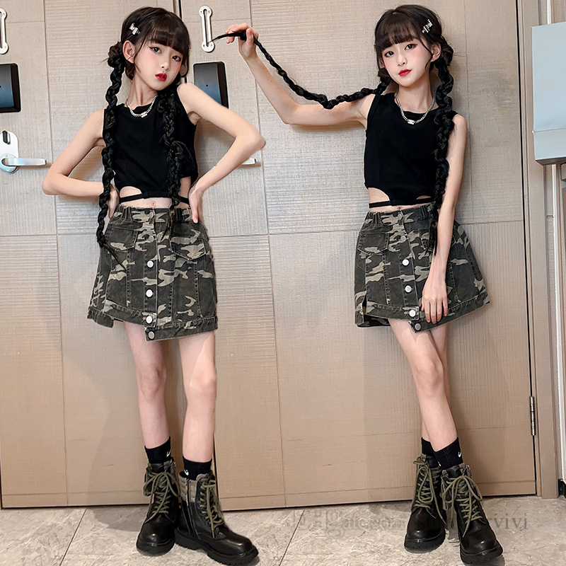 

Fashion big kids clothes sets old girls dew waist vest tops single breasted camouflage shorts skirts 2pcs teenagers children casual outfits Z2266, As showed