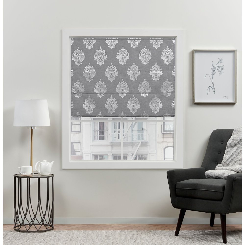 Exclusive Home Marseilles Damask 100 Blackout Roman Shade, 23 x64 , Grey-image-867319473