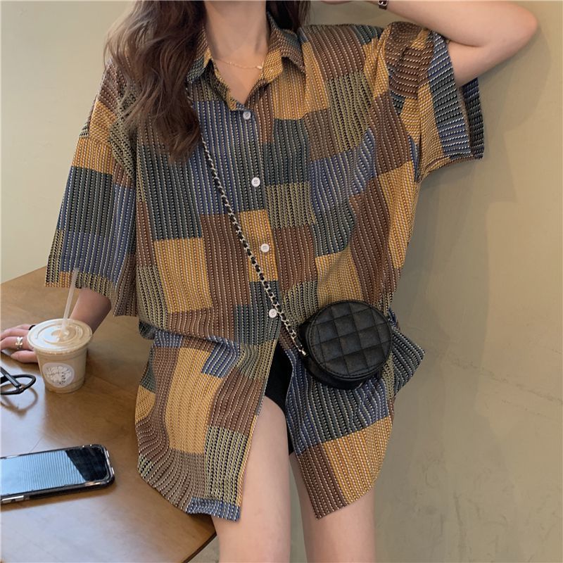 Femmes Blouses Chemises QWEEK Vintage Plaid Rayé Streetwear Surdimensionné Style Coréen À Manches Courtes Top Femmes Harajuku Mode Chic D'été 230