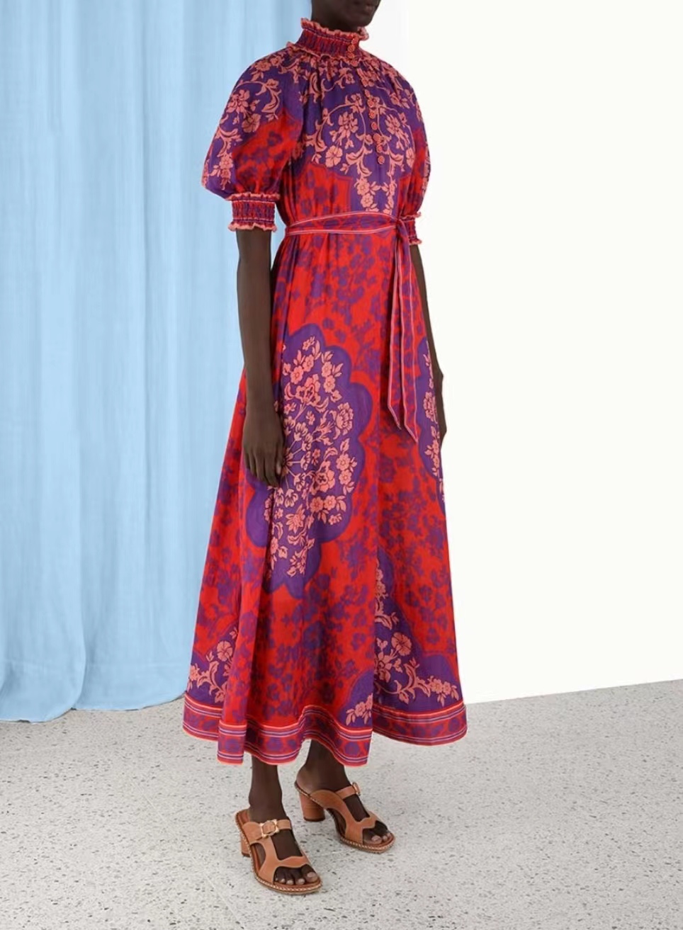 

2023 Summer New Dress Small High Neck Lantern Sleeves Show Thin Temperament Fashion Short Sleeve Long Dress, Small gift blind box