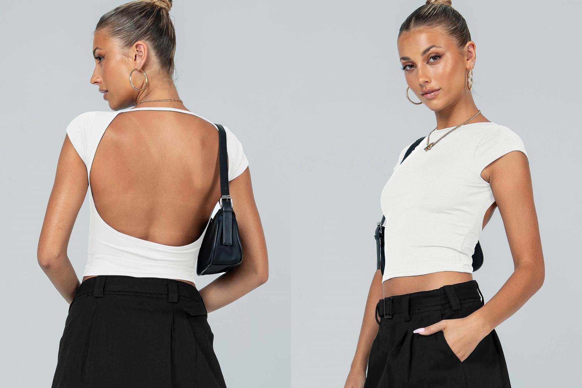 

European and American fashion T-shirt women Y2K summer sexy backless nylon short sleeve slim top Solid Color moisture absorption drainage comfortable breathable, Gray--nylon fabric