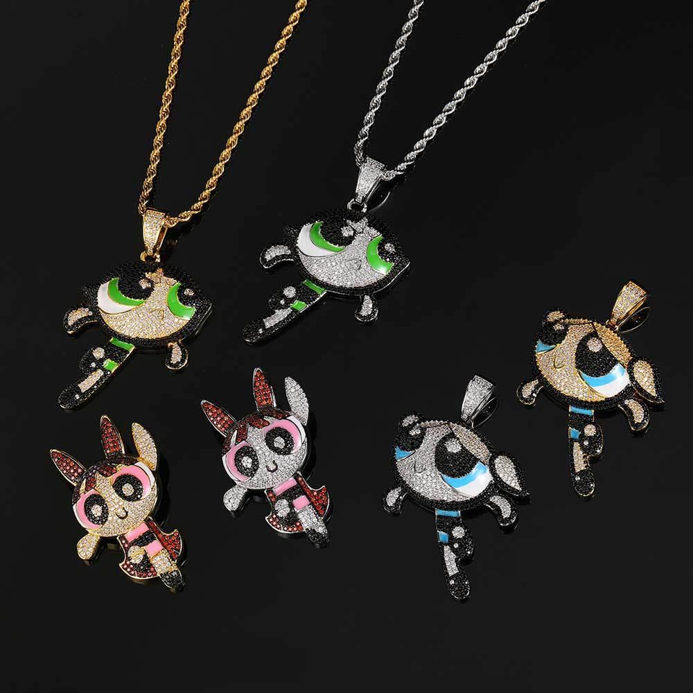 

Necklaces Freewear Powerpuff Girls Hiphop Jewelry Micro Paved CZ Zircon Cartoon Character Blossom Pendant Necklace Iced Out Pendant