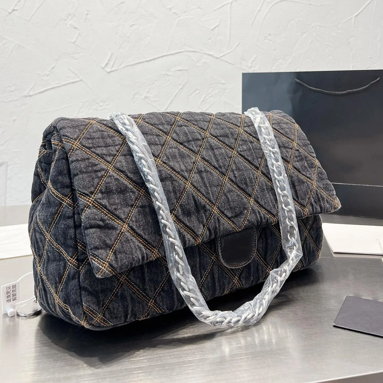 

Womens Quilted Flap Bag Denim Embroidered Designer Shopping Bag Diamond Silver Hardware Chain Shoulder Crossbody Luxury Ladies Large Capacity Handbags, Blue