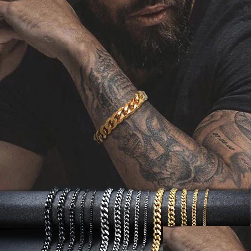 

Chain M11Mm Mens 14K Gold Plated Bracelet Women Cuban Link Chains Stainless Steel Curb Sier Black Color Wrist Bracelets Drop Deliver Dh23K