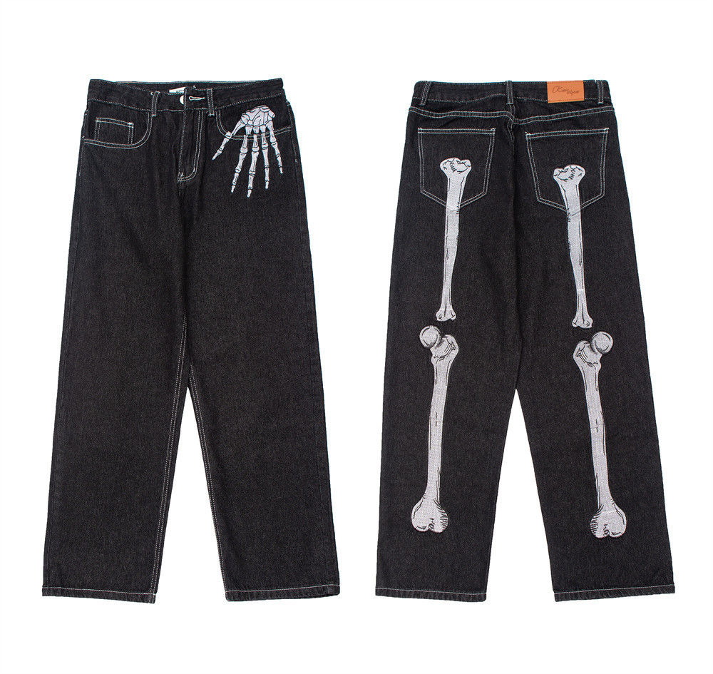 Men's Jeans Retro Skull Hand Bone Embroidery Washed Mens Jeans Pants Y2K Straight Casual Oversize Denim Trousers Loose Streetwear Pantalones