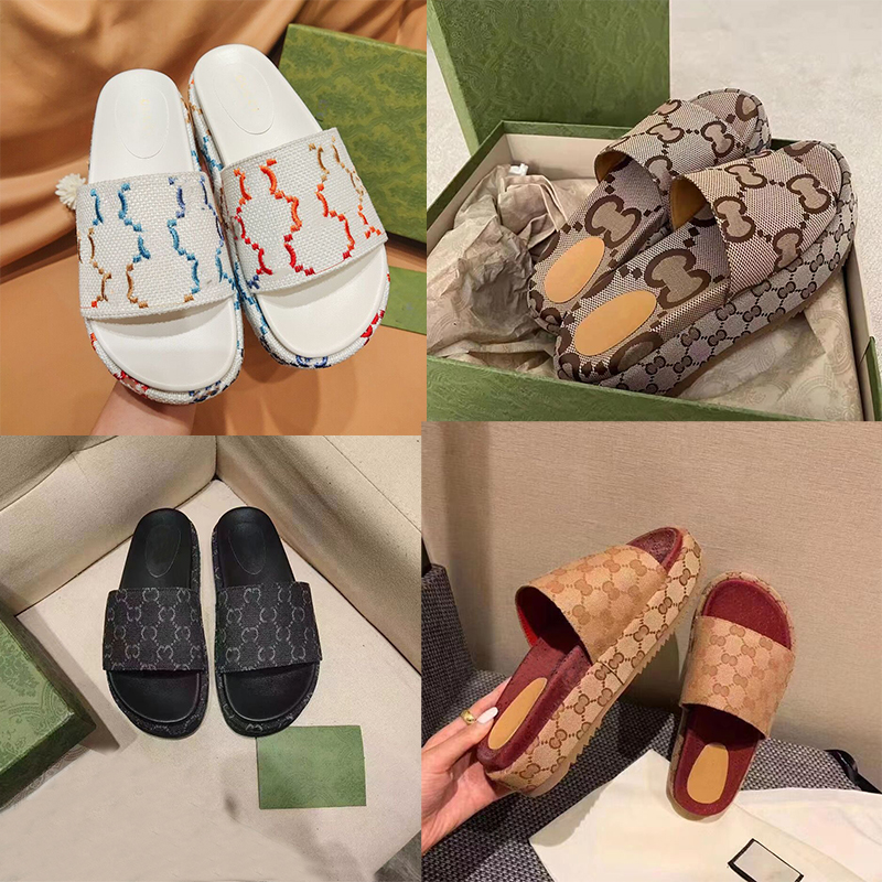 

Designer Slippers for Women Brown Black Green Thick Bottom Fashion Slides Embroidered Beach Sandals with original box