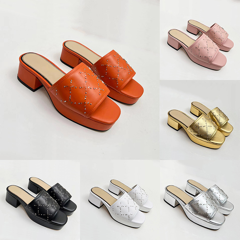 

New designer slipper slides women sandals famous foam runners genuine leathe golden silver heel shoes