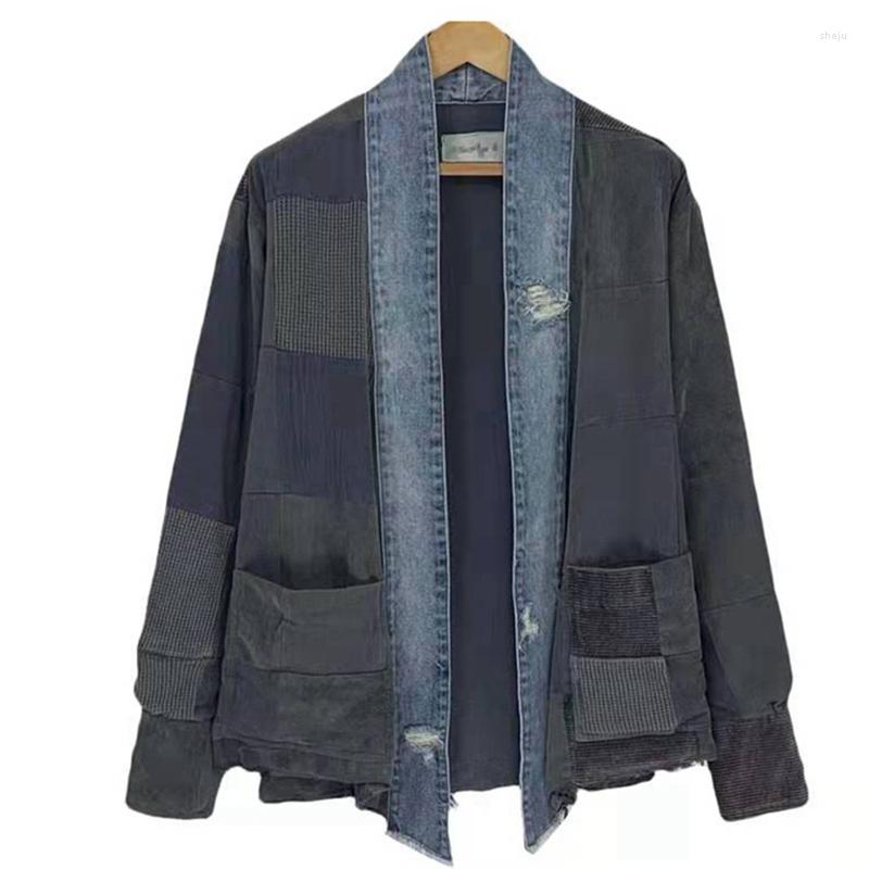 Men's Jackets Denim Patchwork Hole Cardigan Taoist Robe Jacket Men's Streetwear Damaged Shirt Coat