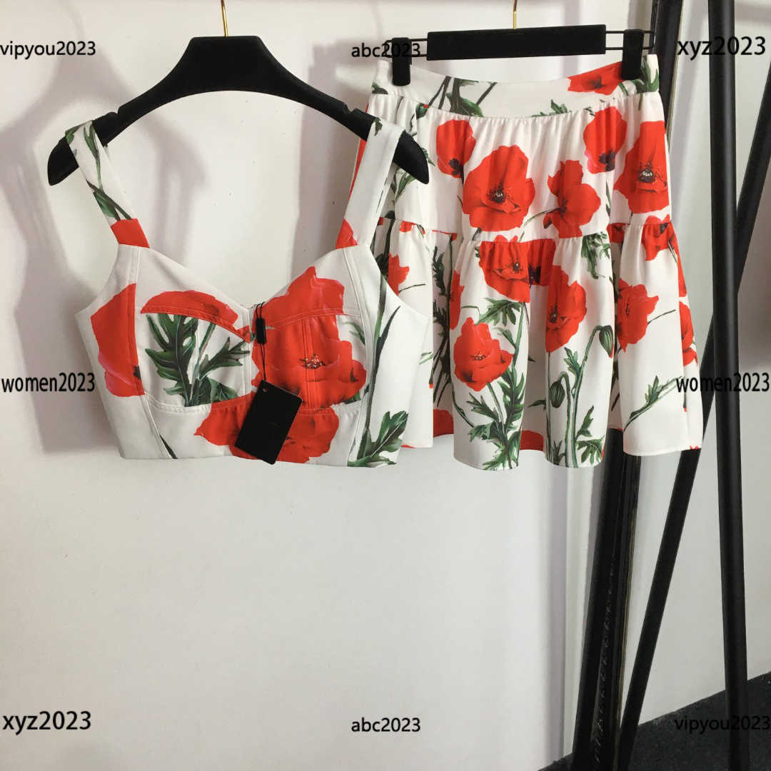 

designer dresses for woman high quality Two piece dress Size S-XL Red floral print bra vest and high waisted short skirt May18, #1