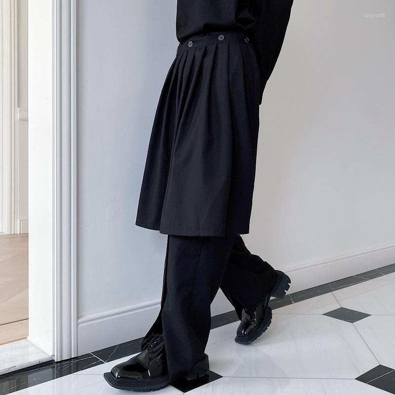 Men's Pants 2023Elastic Buttons Men Waist Fashion Detachable Trend Skirt Loose Casual Pant Dark Black Streetwear Gothic Stage Clothing