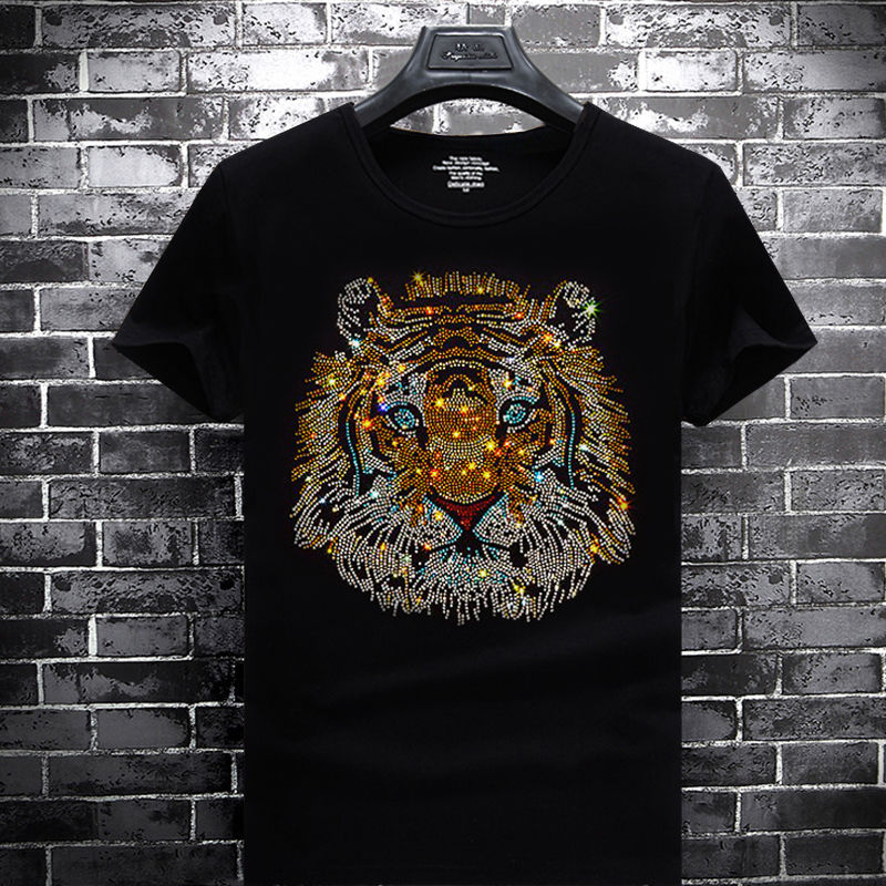 

Men's crystal hot drill luminous crewneck short sleeve T-shirt fashion slim oversized size technology fleece T-shirt designer tide brand streetwear wholesale, Yellow