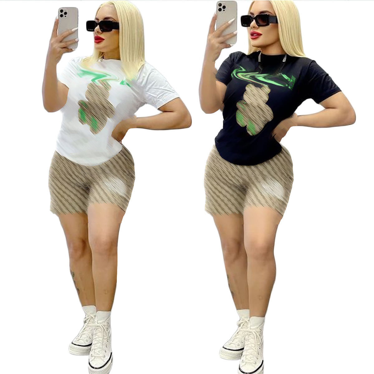 

2023 Bear Print Two Piece Pants Women Casual T-shirt and Bottoms Set Daily Outfits Free Ship, Black