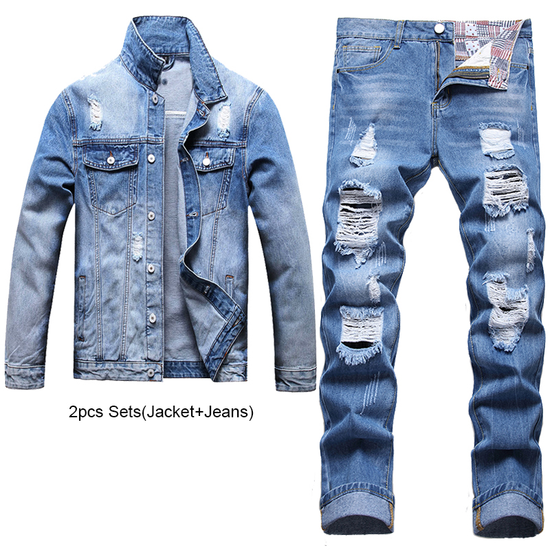 

Slim-fit Light Blue Men Pants Sets Ripped Hole Denim Jacket and Jeans 2 Piece Sets Spring Autumn Casual Daily Wear, Jacket and jeans 301-1.006