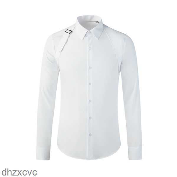

Brand Business Metal Buckle Ribbon Over The Shoulder Men Shirt Long Sleeve Slim Chemise homme High-end Male Dress Shirts IHQB, White