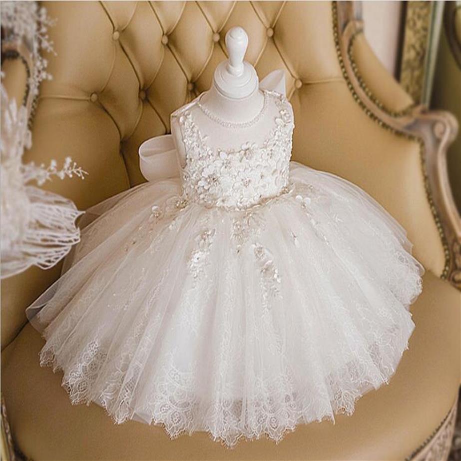 

2020 New Fashion Sequin Flower Girl Dress Party Wedding Princess White Tulle Toddler Baby Girls Baptism Christening 1st Birthday G228F